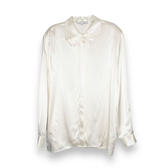 Leyla Initra Vintage Quiet Luxury Cream Silk Double Collar Blouse Women’s Size 8 - Picture 1 of 8
